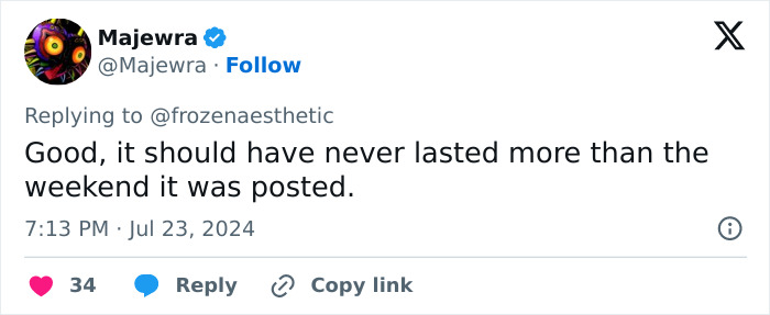 Tweet by Majewra expressing opinion about something that should have lasted only for a weekend.