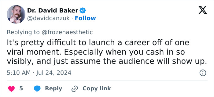 Dr. David Baker's tweet about viral moments and career challenges with a verified badge and engagement metrics.