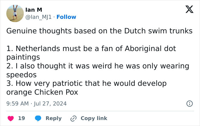 Tweet by Ian M sharing thoughts on Dutch swimmer's revealing trunks in 2024 Olympics.