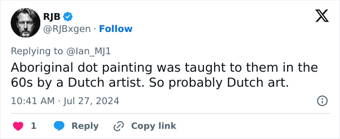 Tweet referencing Dutch art influence on Aboriginal dot painting.