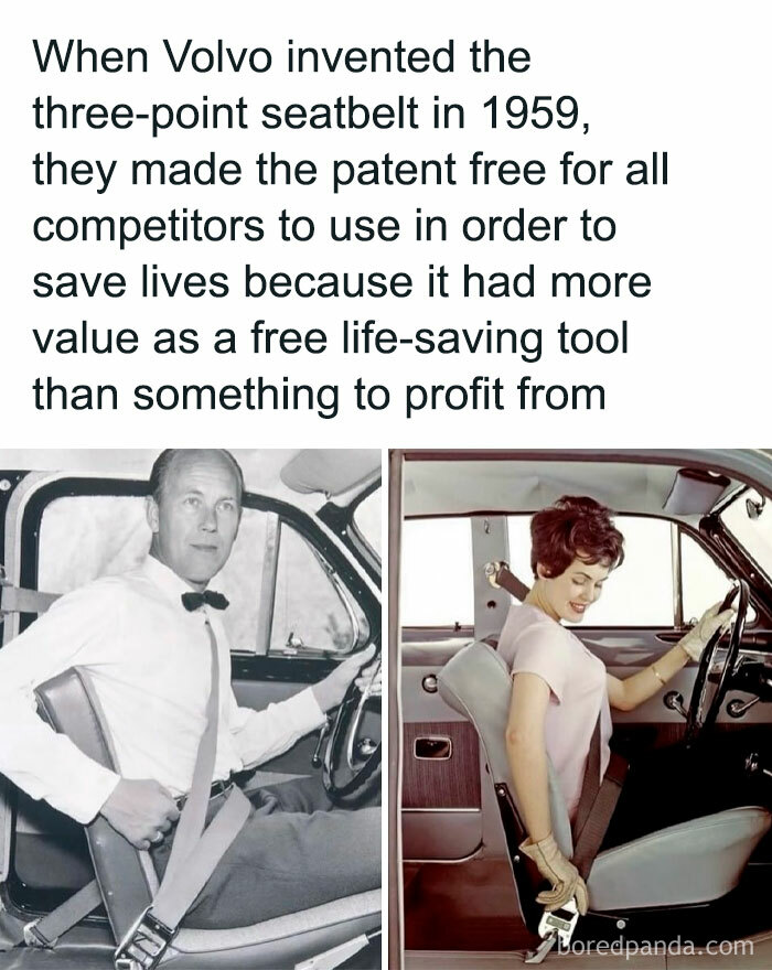 Volvo invented the three-point seatbelt in 1959 and shared the patent to save lives, a key history fact.