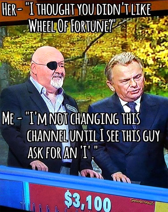 Two men on Wheel of Fortune with funny text overlay, part of a Facebook group post.
