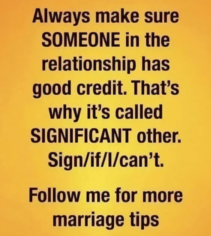 Text post from a Facebook group with a humorous take on relationships and credit.