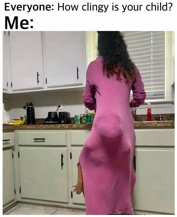 Woman in kitchen with toddler hidden under dress, illustrating humorous toddler meme scenario for parents.