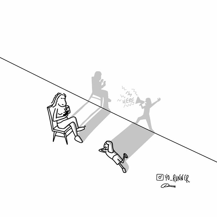 Minimalist illustration showing a seated woman and child with shadows revealing a loud megaphone figure and text here.