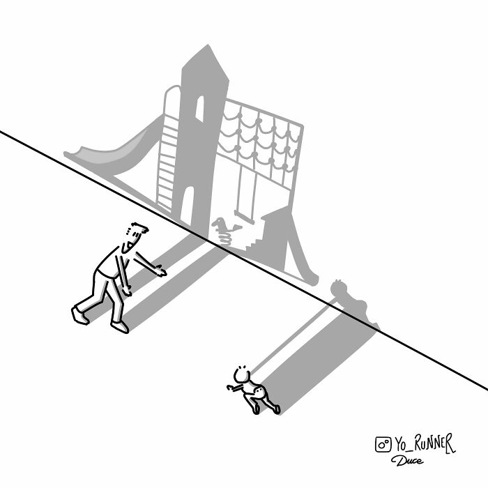 Minimalist illustration by Sergio Duce showing an adult and child casting playground equipment shadows on a white background.