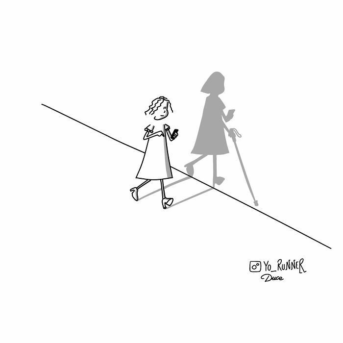 Minimalist illustration by Sergio Duce showing a girl walking with a smartphone and her shadow using a walking cane.