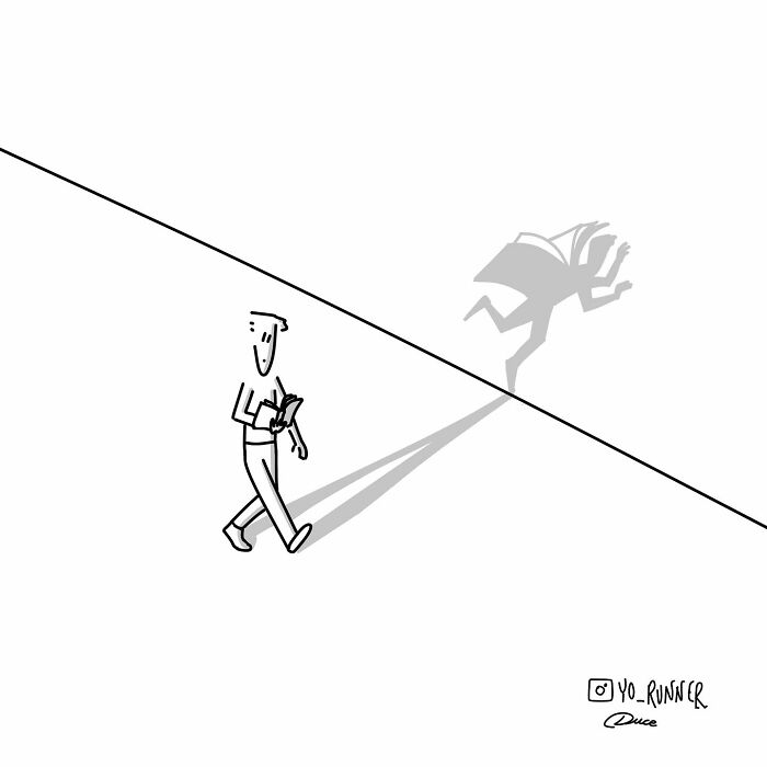 Minimalist illustration of a man reading a book with a shadow running like a superhero in black and white.