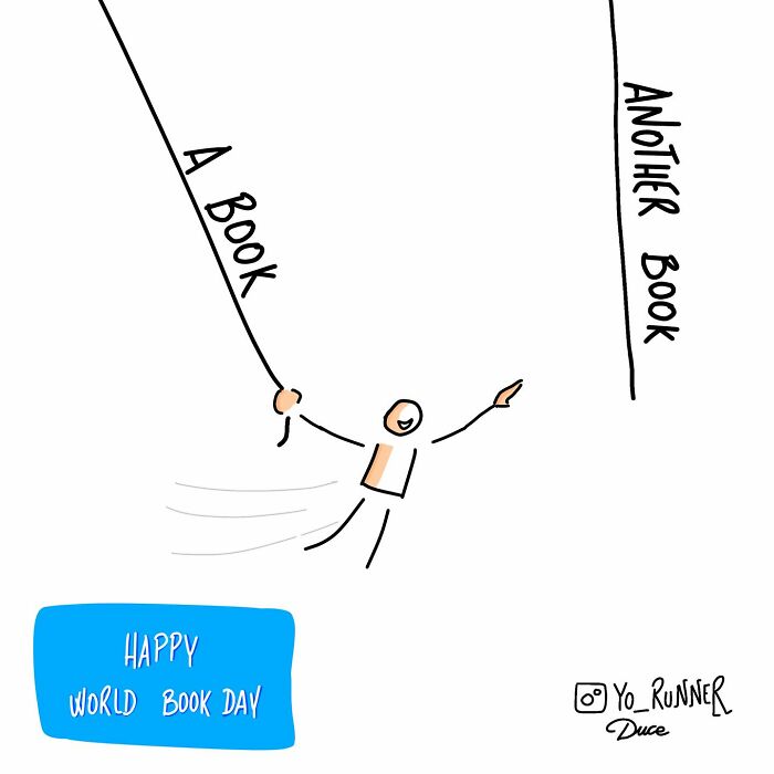Minimalist illustration of a person swinging between two books, celebrating World Book Day in a simple style.