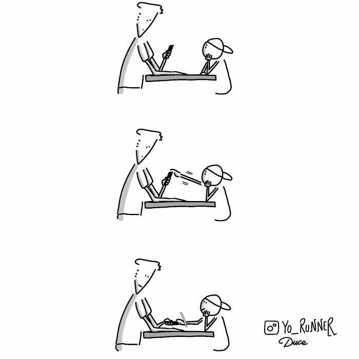 Minimalist illustration by Sergio Duce showing two people interacting with a phone across a table.