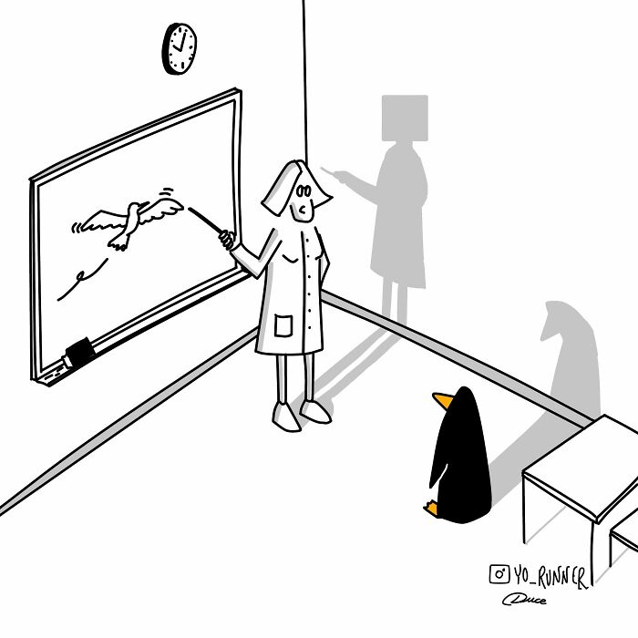 Minimalist illustration of a teacher with dog head and a penguin student with horse shadow in a classroom.