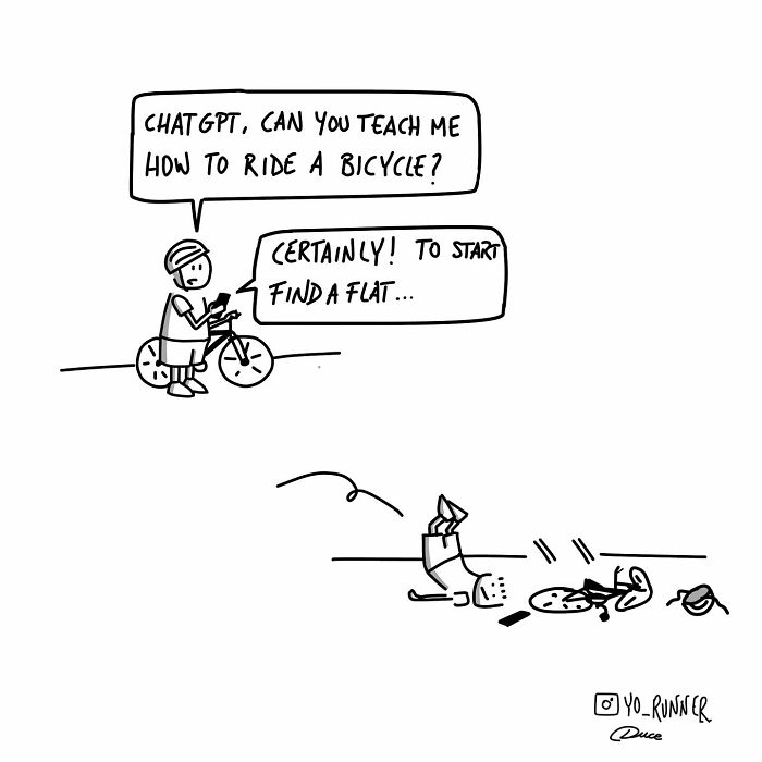 Minimalist illustration by Sergio Duce showing a person asking ChatGPT for bike advice and then falling off the bicycle.