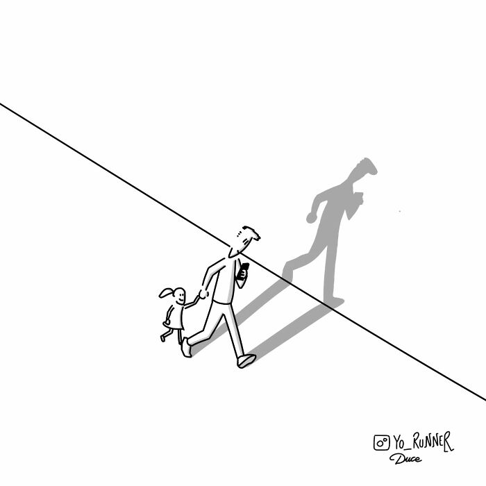 Minimalist illustration by Sergio Duce showing a man walking with a child, casting a long shadow on a white background.