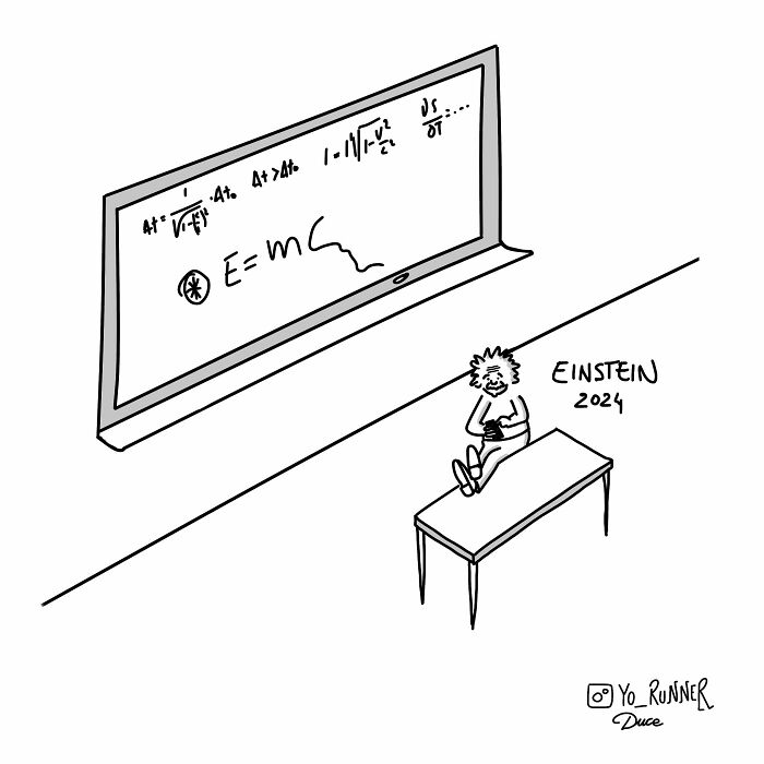 Minimalist illustration by Sergio Duce showing a small figure of Einstein sitting on a table with equations on a board.