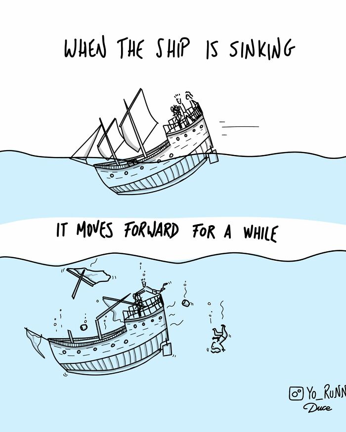 Minimalist illustration by Sergio Duce showing a sinking ship moving forward with people falling into the water.