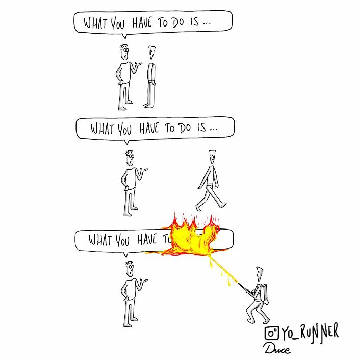 Minimalist illustration showing a figure setting fire to a speech bubble while another figure talks, by Sergio Duce.