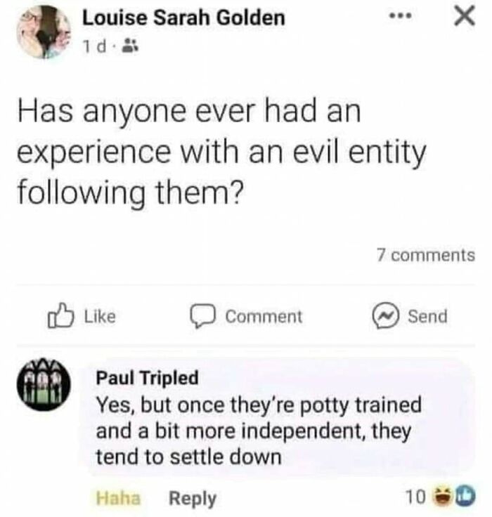 Social media post with a humorous toddler meme about potty training independence.