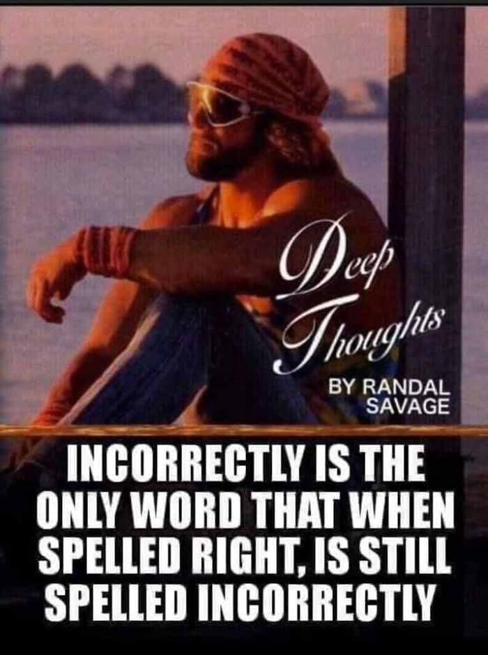 Man in sunglasses by water, with text: "Incorrectly is the only word that when spelled right, is still spelled incorrectly." Funny Facebook post.