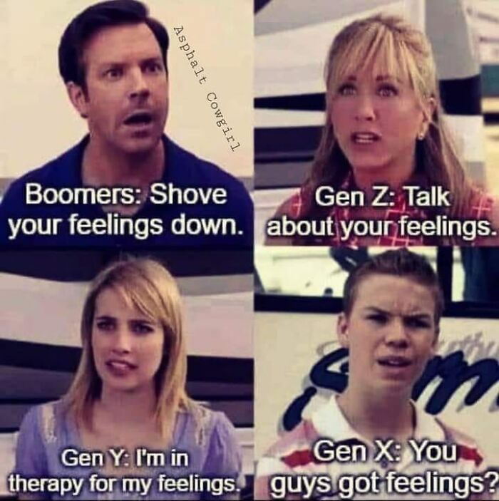Four people in a meme about generational attitudes toward feelings, shared in a popular Facebook group.