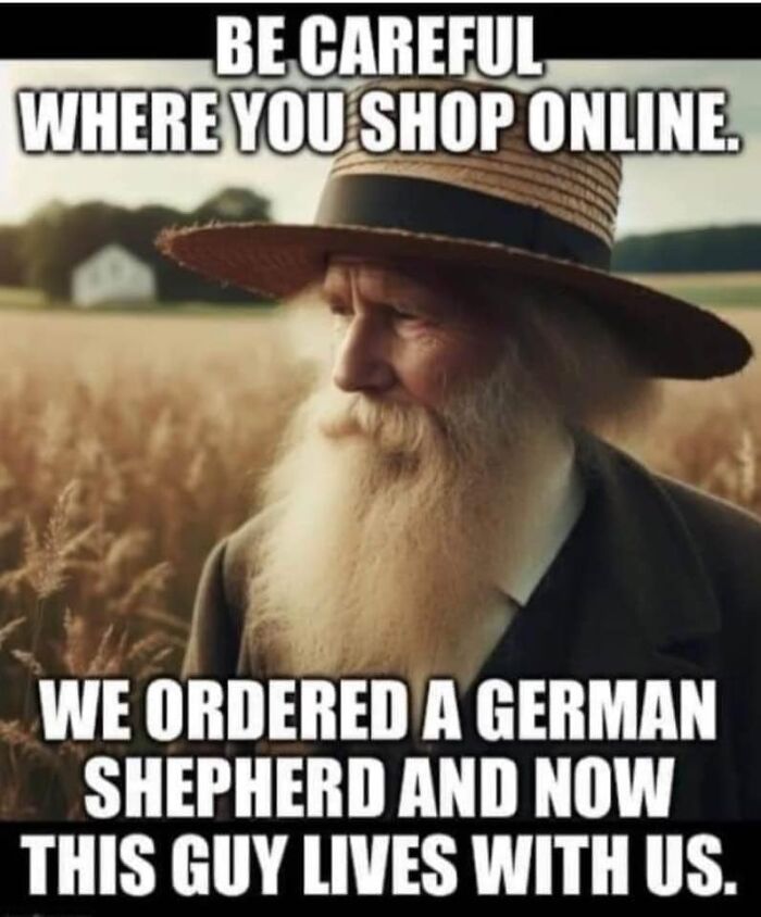 Elderly man with a long beard in a field, humorous online shopping meme from a popular Facebook group.