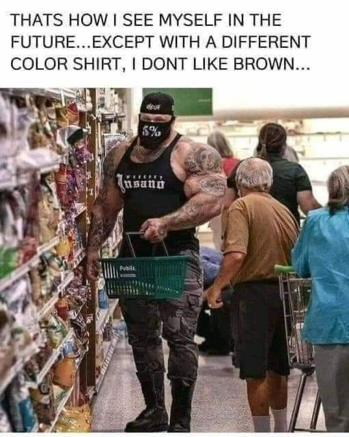 Humorous post from Facebook group: muscular man in a grocery aisle with a basket, wearing a tank top and cap.