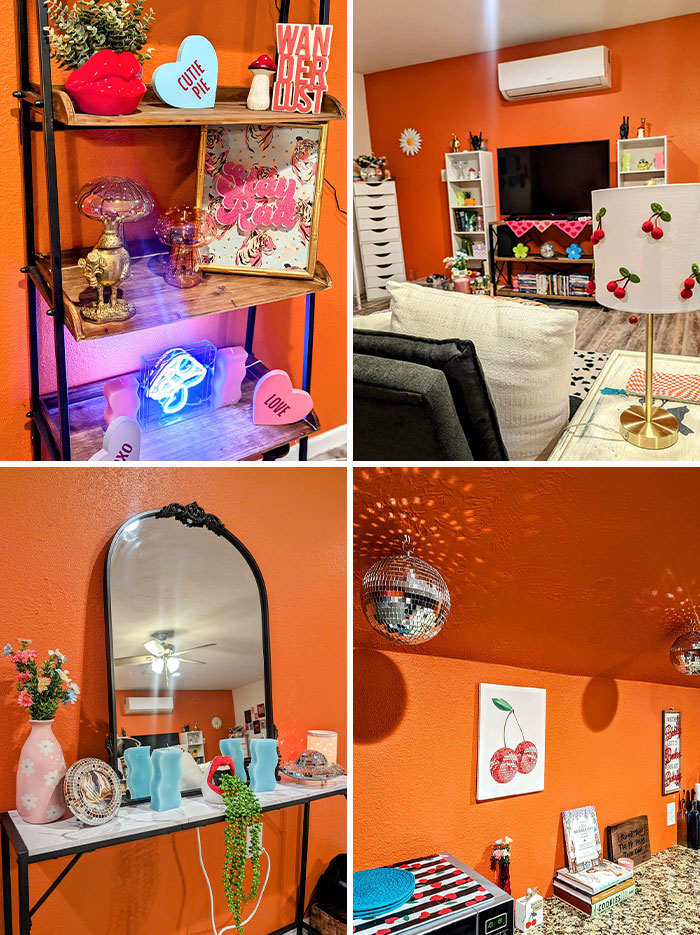 I Am Still In The Middle Of Decorating But This Is My First Place Alone ❤️ I've Always Loved The Maximalist Design And I Wanted Something Fun For My New Season Of Life! The Walls Were Already Orange So That Was A Perk 😁