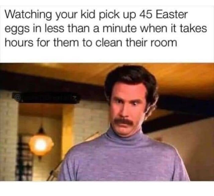 Man in a gray sweater looking surprised, with text about kids collecting Easter eggs quickly, relating to toddler memes.