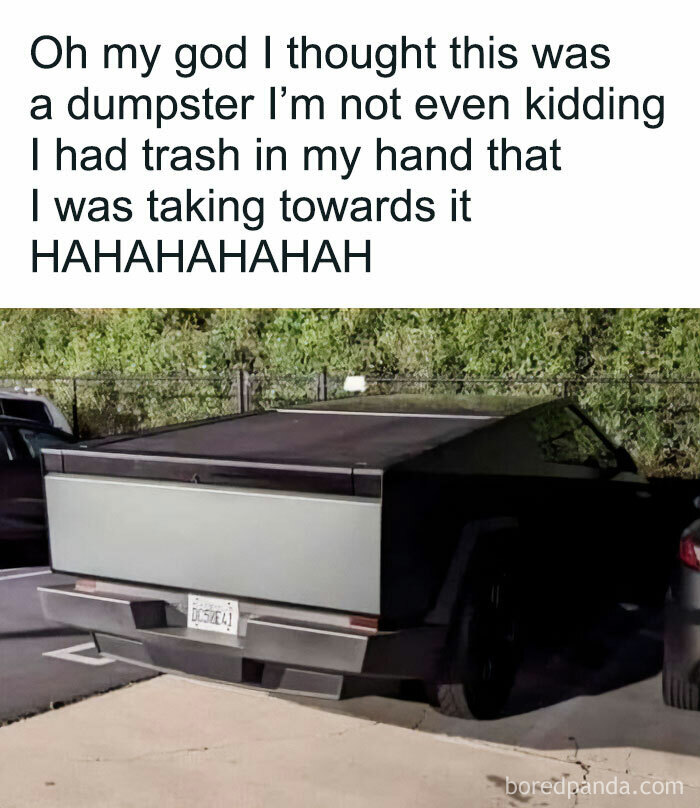 Funny Facebook post showing a truck mistaken for a dumpster, highlighting humorous perspectives.
