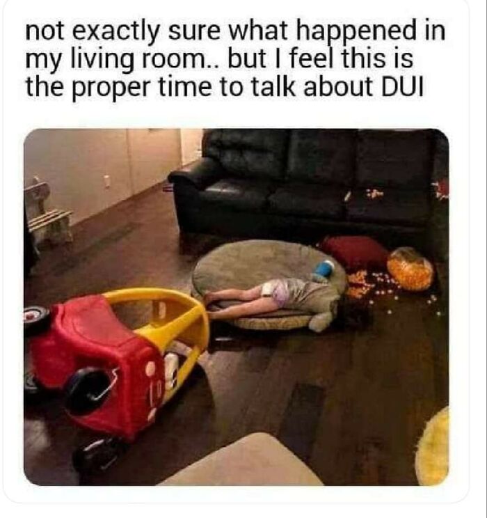 Toddler humor: child asleep in toy car crash scene, living room mess with scattered snacks and cushions.