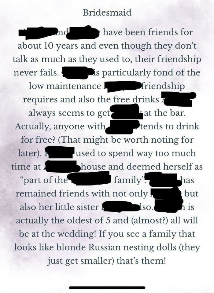 Text from a bridesmaid speech with humorous remarks about friendships and family, shared from a bad wedding experience.