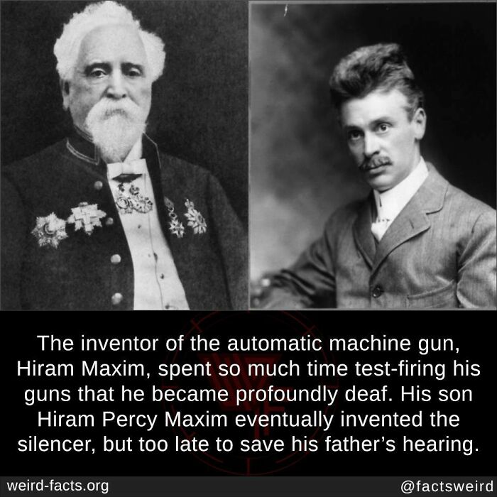 Two historical figures, one in formal attire, with a text about the weird fact of Hiram Maxim and his son Hiram Percy Maxim.