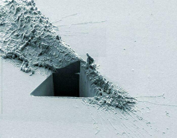 Triángulo oscuro en superficie con textura, creando una imagen extrañamente aterradora.