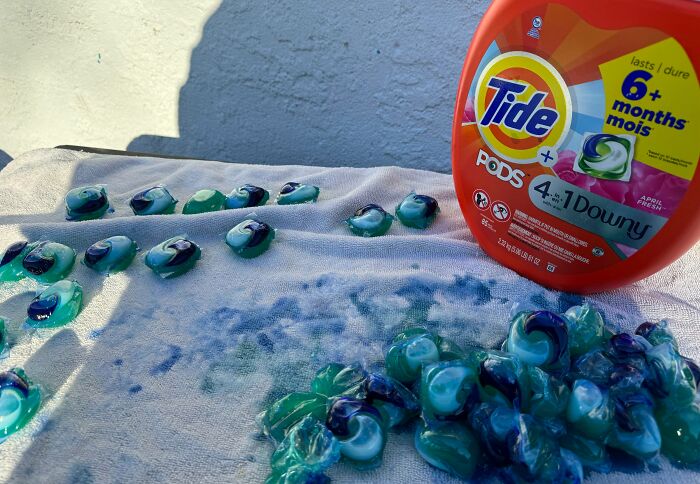 My Wife Put A Brand New 85-Pack Of Tide Pods On Top Of The Washer, And They Vibrated Right Into The Laundry Sink In Perfect Sync With The Rinse And Spin Cycle