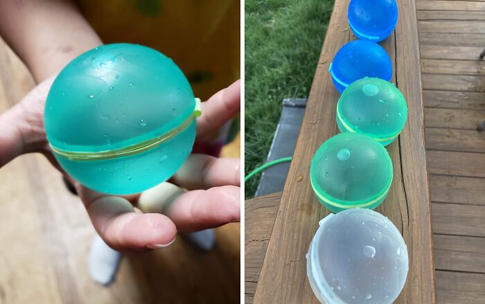 Hands holding a water balloon and colorful water balloons lined up on a wooden railing, showcasing amazing discoveries.