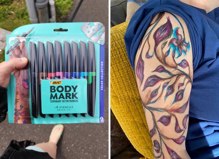 BIC Body Mark temporary tattoo markers with floral arm design showing amazing discoveries in body art.