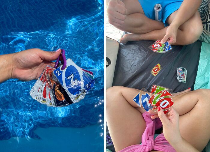 Waterproof Uno cards being used poolside, showcasing a fun and unique way to play games by the water.