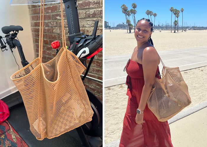 Mesh tote bag on a bike indoors and a woman carrying it on a sunny beach.