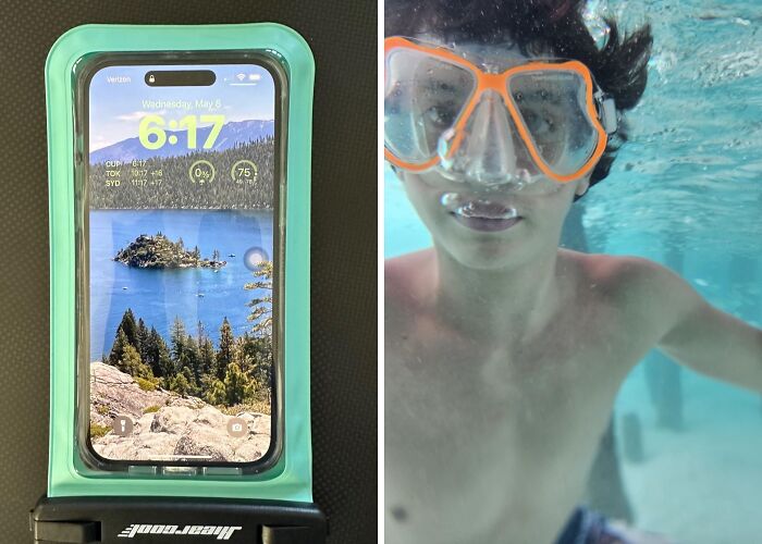 Phone in waterproof case with lake view, and a person underwater in goggles; random things catching attention.