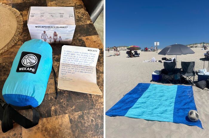 Wekapo beach blanket with packaging and note displayed, used on sandy beach under clear blue sky showcasing amazing discoveries