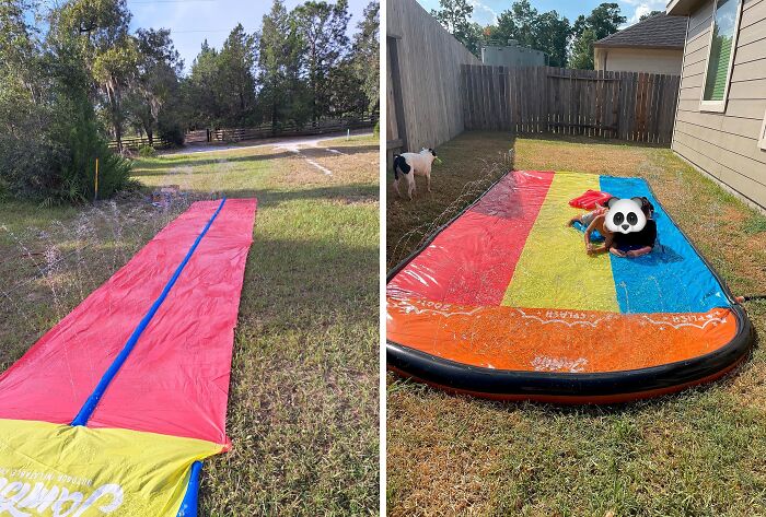 Colorful slip and slide setup in a backyard, capturing attention with its playful and inviting look.