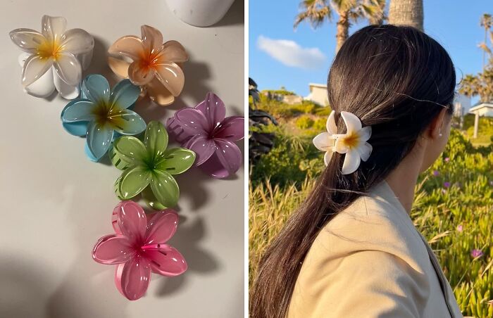 Colorful flower hair clips displayed and worn outdoors, capturing attention for their vibrant design.