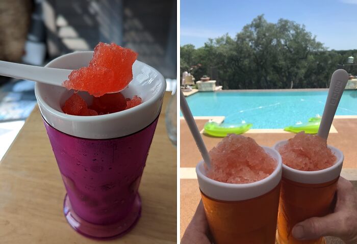 Two images of frozen drinks in colorful cups with spoons, enjoying summer joy by a pool and indoors discovery.