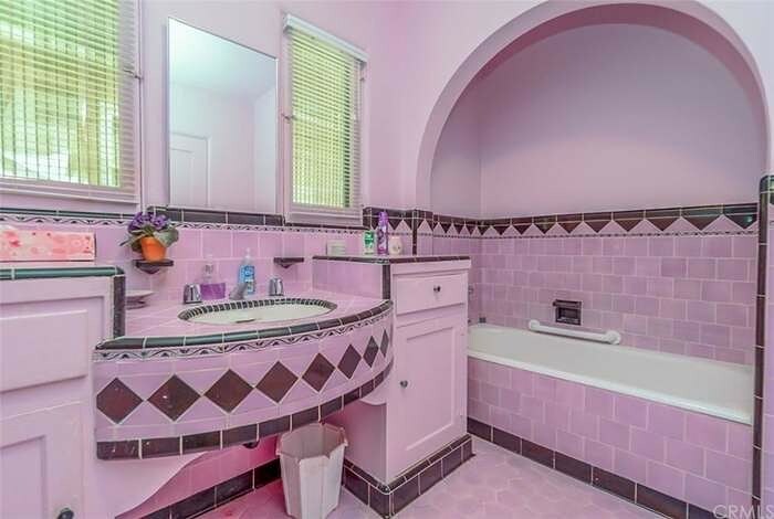 1930s Spanish In Glendale, Ca. Bare Bones Listing So We Only Get One Pic Of This Amazing Beauty, But Isn’t It Great!? This Reminds Me Of @luella67 Bathroom That Was Posted On The @bwtilecompany Page As It Has The Same Light Lavender And Dark Purple Color Combo. Also Interesting Is That Vanity Situation. We’ve Seen This Style Done Before, But It’s Rare. I Wish The Arch Was Also Tiled, But Can’t Win Them All I Guess 💜