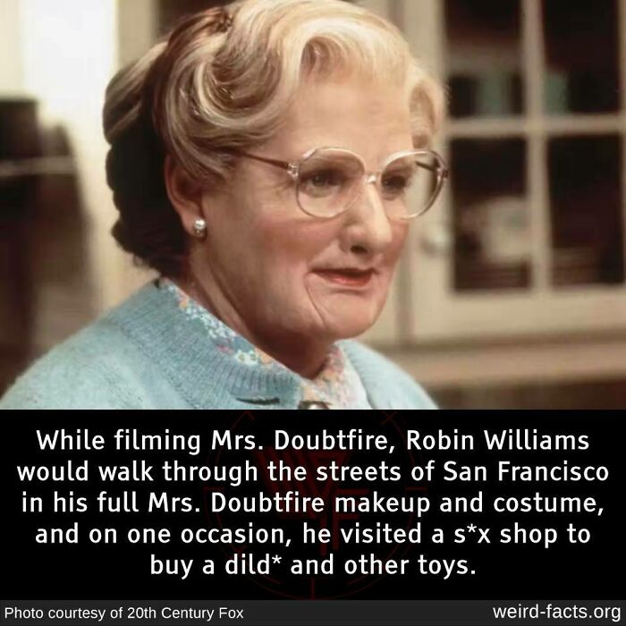 Mrs. Doubtfire character with glasses and makeup during filming for a scene involving weird facts.