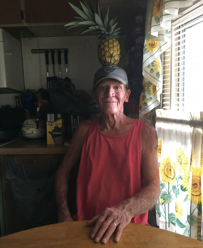 This Is My Father-In-Law With A Pineapple (That My Mother-In-Law Grew) On His Head. This Is My New Favorite Family Photo