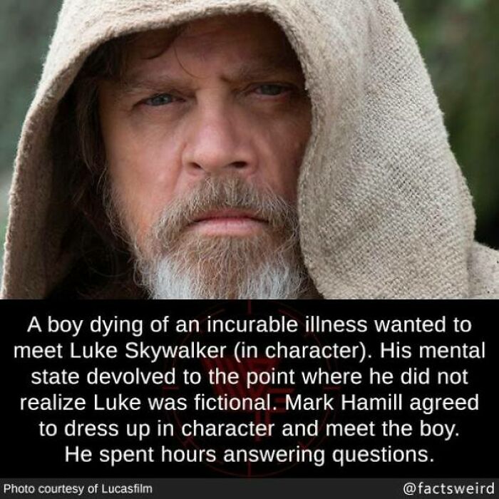 Man in hooded robe portraying a character, with text about a heartwarming story. Weird fact shared below image.