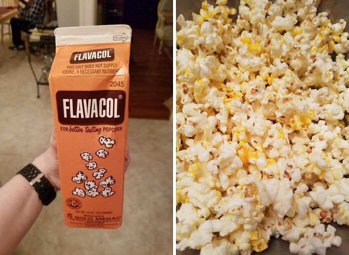 Flavacol seasoning next to a bowl of buttery popcorn, showcasing TikTok-influenced purchase.