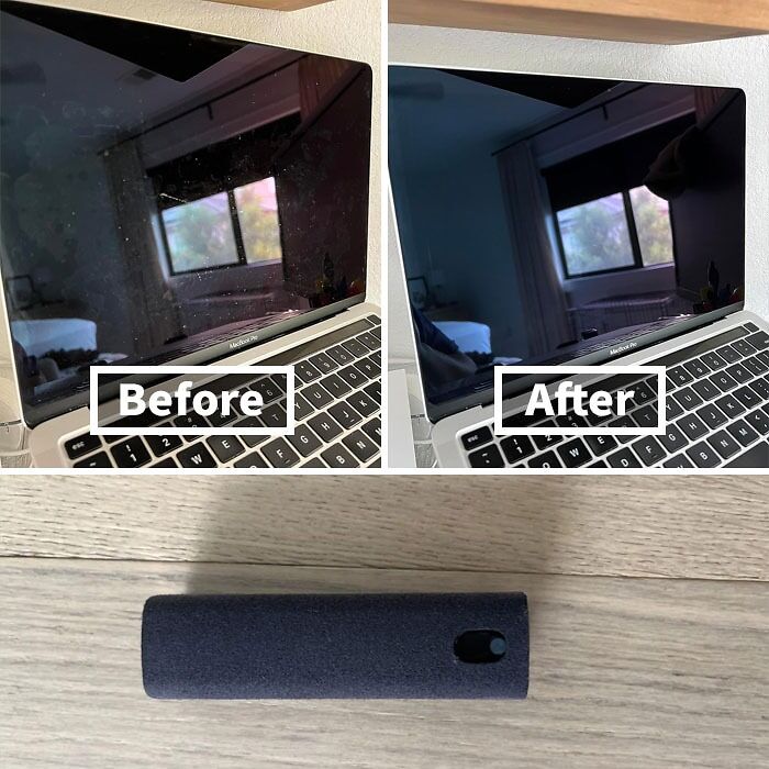 "Clean laptop screen before and after using TikTok-influenced cleaning spray, showing improved clarity."