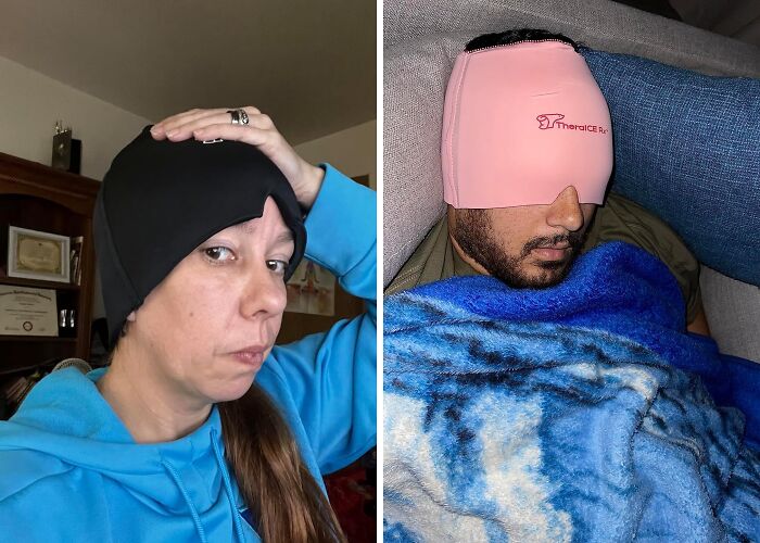 Two people wearing headache caps, influenced by TikTok purchases, one in a blue hoodie and the other on a couch with a blanket.