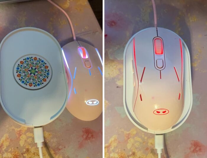 TikTok-influenced purchase: LED mouse with vibrant designs in blue and red lighting on a desk.